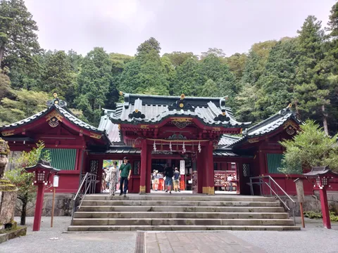 深緑に映える朱色の社
