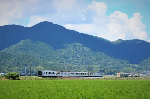 碧い山と田園を抜ける列車