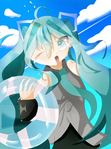夏空と浮き輪、ミクさんの元気いっぱい！