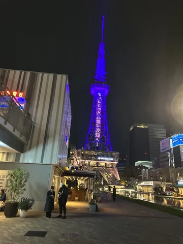 夜空に光るタワーと水辺の散歩道