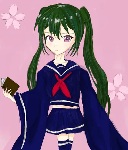 桜色背景に映える緑髪の少女