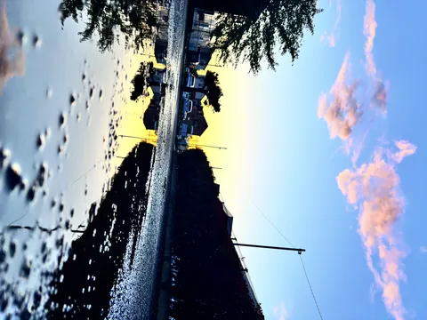 水たまりに映る夕暮れの空