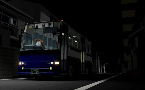 夜の街を走る青いバス