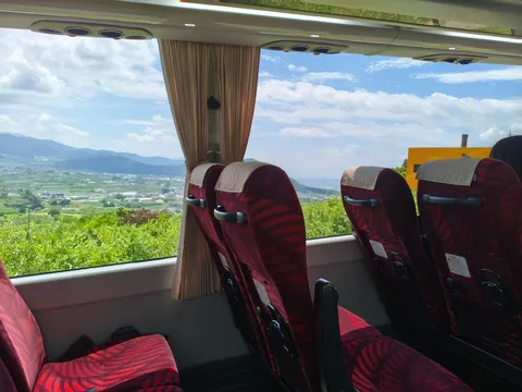 バス窓から流れる緑と空