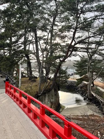 赤い柵と木々の潮風