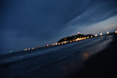 夜の海辺に灯る光の粒