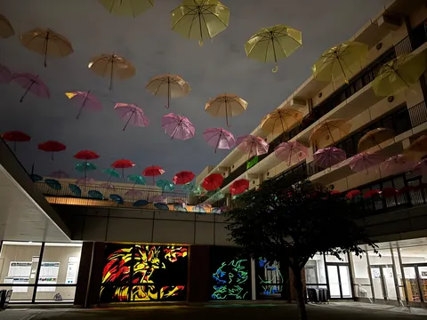 夜空を飾る傘たちのダンス