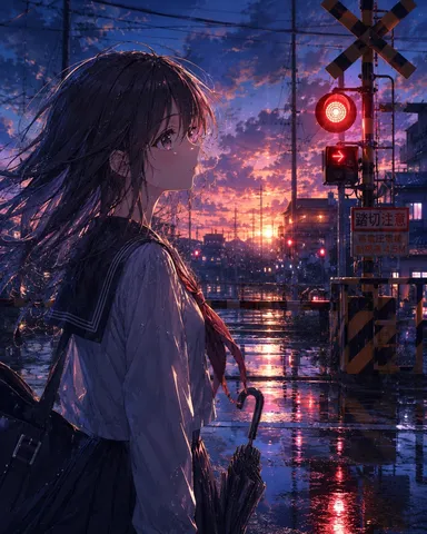 雨上がりの夕暮れ、感傷的な踏切待ち