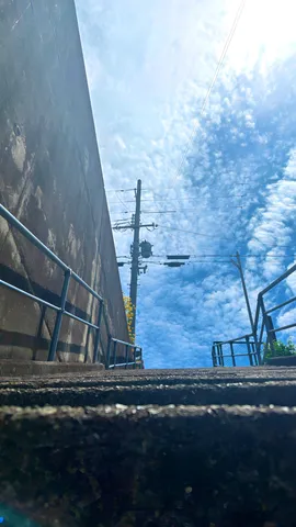 階段を登った先、広がる青空と電線