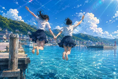 青い海へ飛び込む、友情の輝き