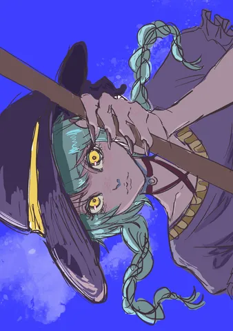 ほうきに乗る魔女のクールな表情