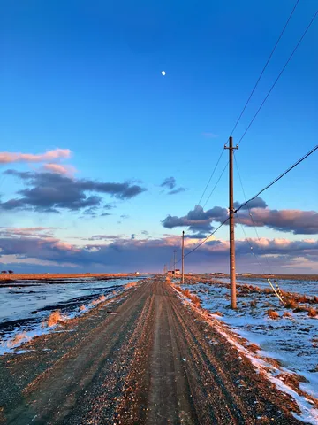 夕暮れの道、月と電線