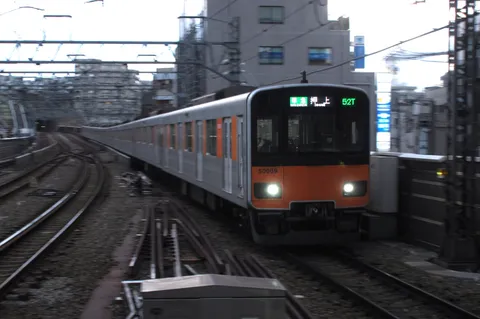 都市の線路、電車がゆく
