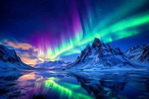 オーロラが彩る幻想的な冬景色