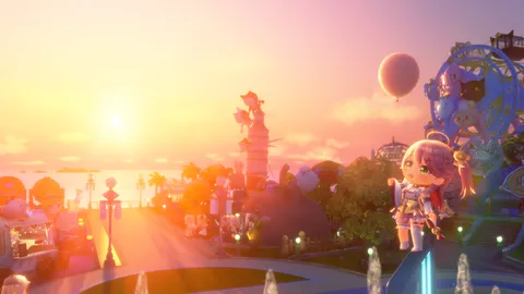 夕暮れの風船と遊園地の光