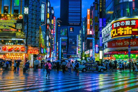 ゴジラが見守る、雨の夜のネオン街