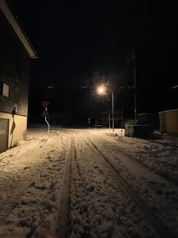 雪道に光る街灯、冬の夜。