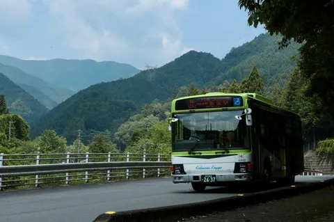 緑のバスと山並みのコントラスト