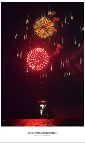 夜空と海面に咲く花火