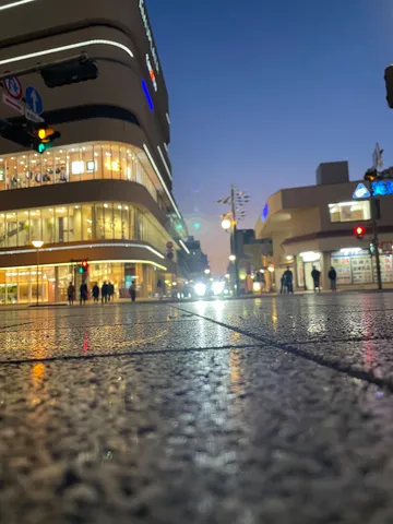 雨上がりの街路、光の反射