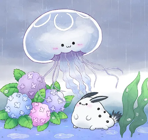 雨降る水辺のかわいい仲間たち