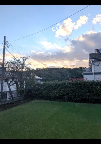 夕暮れの庭と空のライン