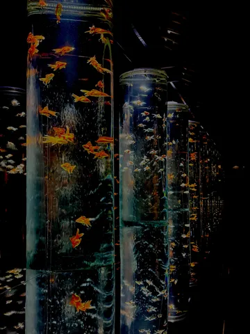 ガラス管に映る金魚の群れ