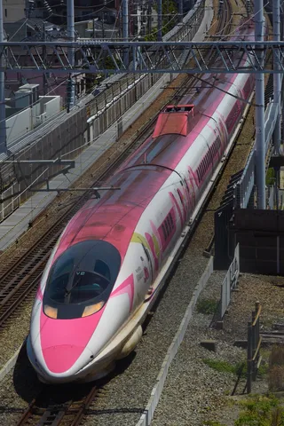 上空から捉えたピンクの新幹線