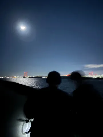 夜空に輝く月と都会の光