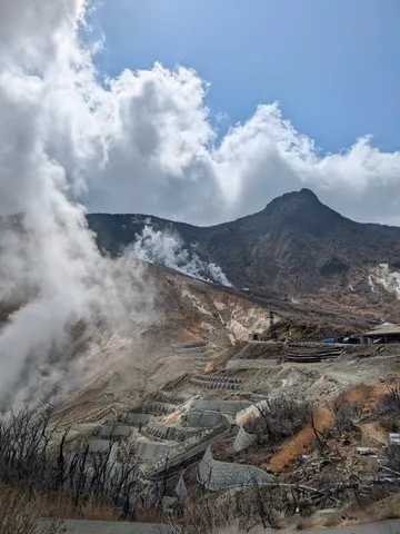 硫黄の湯けむり、山肌の造形美