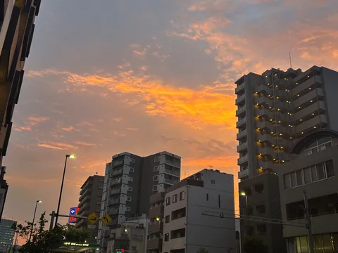 燃えるような空と都会のコントラスト