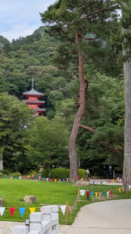 緑深き古刹と色とりどりの旗
