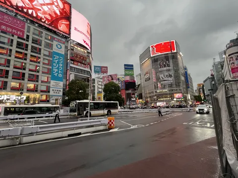 煌めく電光掲示板と交差点の賑わい
