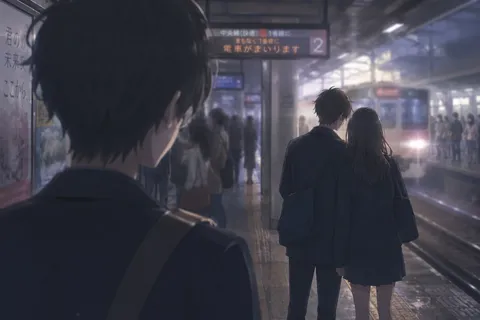 電車を待つ、二人と一人