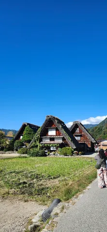 青空に映える茅葺きの家々