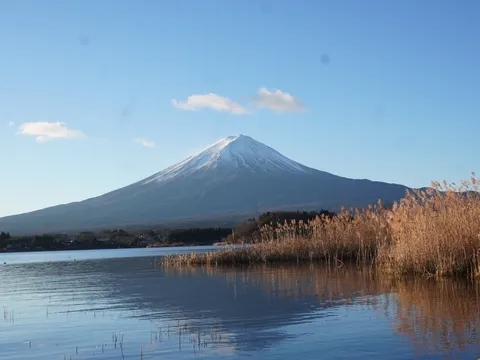 湖畔に佇む冬の富士山