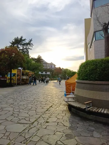 石畳に映る夕暮れの散歩道