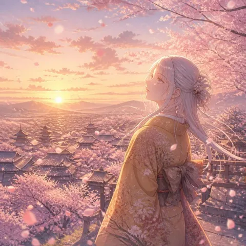 桜霞む夕暮れの屋根町