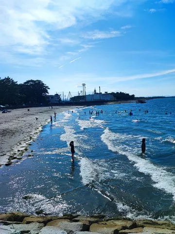 夏の海辺、水面に映る青い空