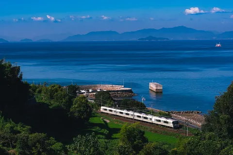 絶景を行く列車と広がる青い海