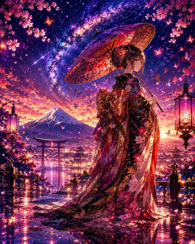 幻想の夜空と和傘の調べ