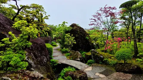 瑞々しい緑と岩が魅せる庭園