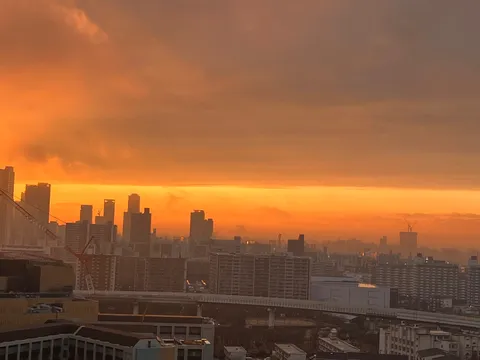 都会の空を染める、幻想的な夕焼け