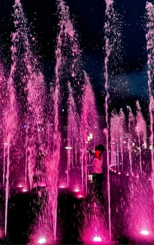 夜空に染まるピンクの噴水