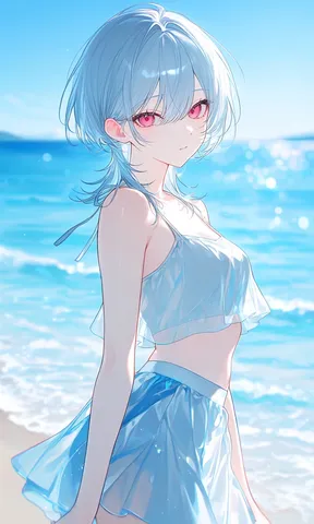 夏の海辺、透明感あふれる少女
