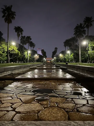 夜のとばりに灯る水辺の小道