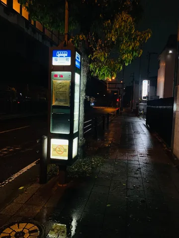 雨上がりの夜、バス停の灯り