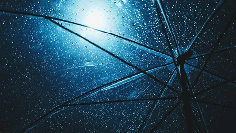 雨粒がきらめく、透明な傘の青い世界