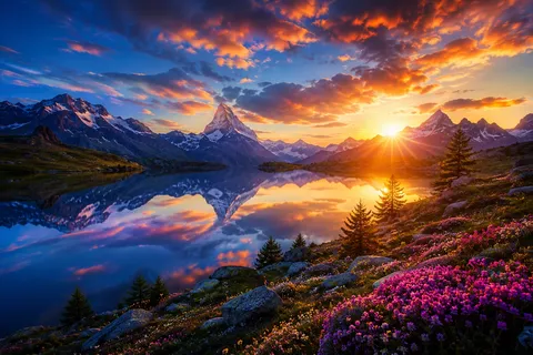 光り輝く山と湖、花咲く絶景