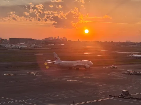 夕焼け空とJAL機、離陸への期待